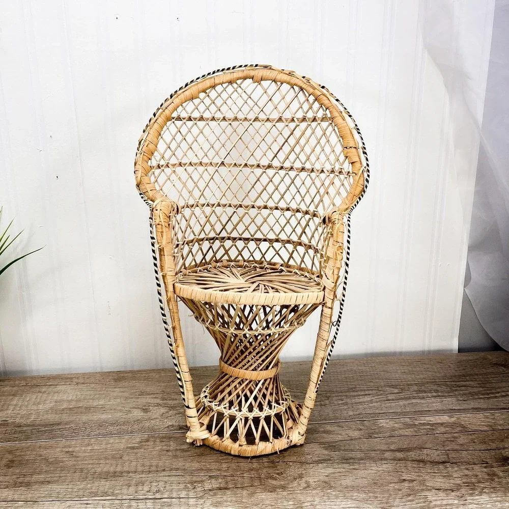 Vintage Wicker Peacock Chair Plant Stand – 15.5 inch Doll Chair